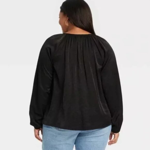 "NWT" Ava &‎ Viv Womens 1X Black Balloon Sleeve V-Neck Blouse - Picture 2 of 11